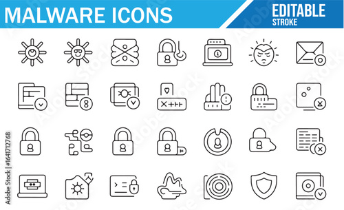 A collection of editable line icons representing malware detection, security, and protection tools. Includes icons for viruses, locked files, email threats, and other cybersecurity-related symbols. Id