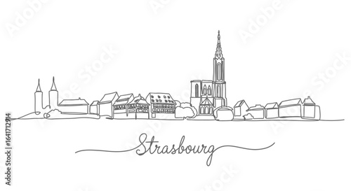 Strasbourg Skyline with Single Line Drawing, and White.