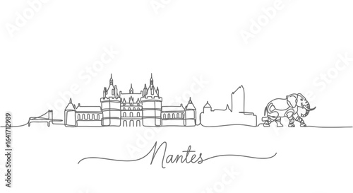 Nantes Skyline France Landmark with Single Line Art.