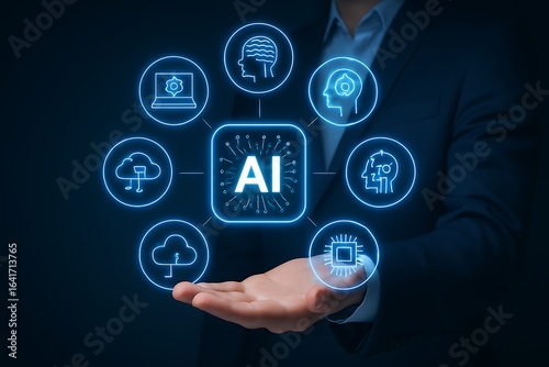 Businessman holding artificial intelligence concept with glowing icons and neural network