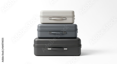 A minimalist travel concept featuring a stack of three modern hard-shell suitcases in a monochromatic color scheme, isolated on a white background.