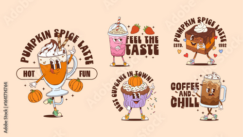 Groovy dessert characters t shirt print poster. Vector sweet comic personages of seasonal drinks and desserts like pumpkin spice latte, cupcake, milkshake and brownie with playful faces and y2k vibes