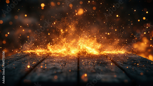 Fiery wooden surface, glowing sparks