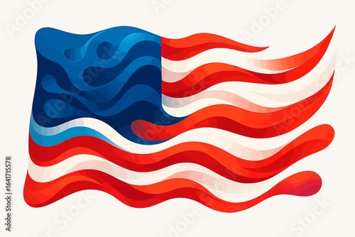 Modern abstract illustration of the American flag with fluid red, white, and blue wave patterns, symbolizing patriotism, freedom, and national pride