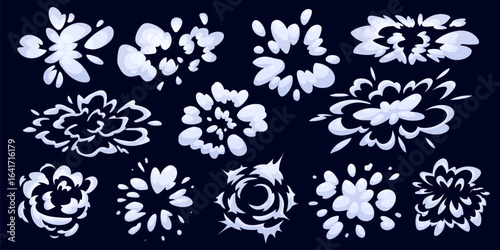 Cartoon bomb explosion comic clouds. Vector boom, blast, burst and bang fight game comic bubbles. Bomb and dynamite explosive energy splashes, fire flame flashes, smoke, dust and steam white clouds