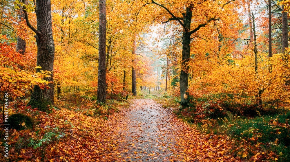 Obraz premium Scenic Autumn Forest Path with Golden Leaves, Tranquil Nature Walk in Woodland Setting