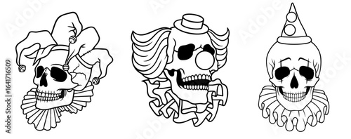 Set of clown skulls with jester hat, circus clown nose and party hat


