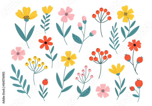 Vibrant collection of charming hand-drawn wildflowers and botanical elements bringing a touch of nature's beauty to any design project with cheerful colors