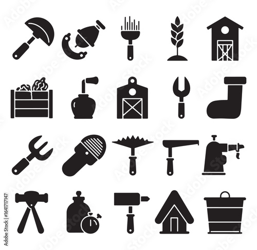 Black silhouette icons representing farm tools agricultural equipment and elements of the countryside