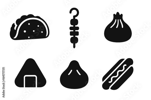 Global street food icons collection. Black silhouette taco, kebab skewer, Chinese bao bun, Japanese onigiri rice ball, dumpling, hot dog. International snack symbols. Vector fast food illustration set