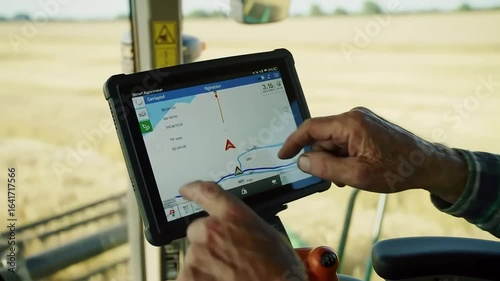 Farmer uses tablet, tractor, field