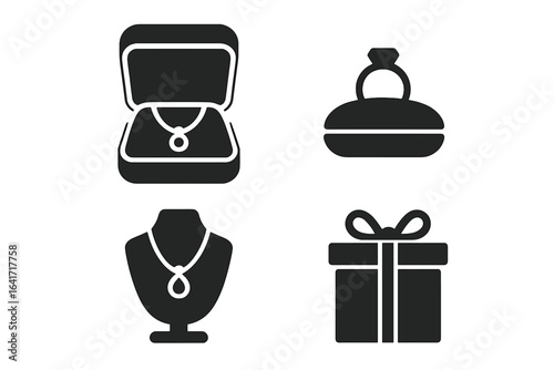 Jewelry Display Icons Set with Necklace, Ring, Gift Box, Elegant Minimalist Black Silhouettes for Fashion and Gift Design