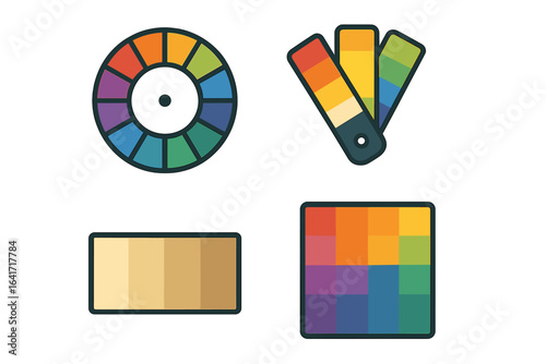 Vivid Fashion Color Theory Icon Set. Solid Filled Vector Graphics of Color Wheel, Swatch Book, Tone Strip, Gradient Swatches. Palette and Hue Elements for Design Concept and Visual Branding