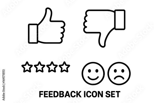 Customer Feedback Icons Set. Vector thumbs up, thumbs down, star rating, happy and sad face symbols for review, survey, evaluation, UX, online opinion, satisfaction, social media and business analysis