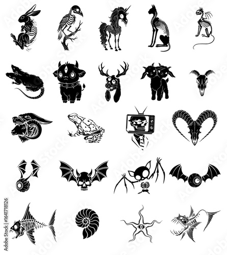 Collection of gothic and fantasy creatures including horned skulls, demonic bats, deep sea monsters and hybrid animals

