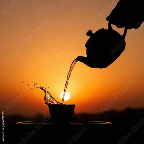 Sunset tea pour silhouette with splashing water