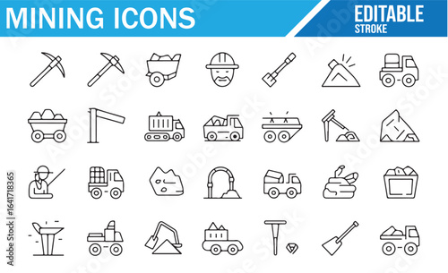 Mining and excavation equipment icons for industrial, construction, and mining themes.