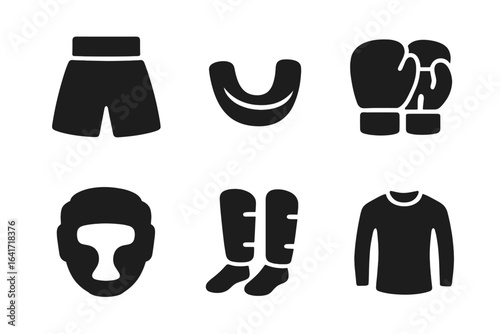 Boxing and Martial Arts Protective Gear Icons Set. Solid Vector Illustrations of Boxing Shorts, Mouthguard, Gloves, Headguard, Shin Guards, Rash Guard. Combat Sports Apparel, Safety Equipment.
