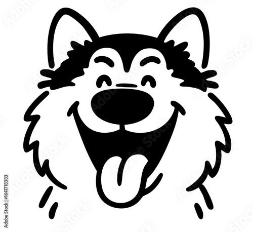Smiling fluffy sled dog face with tongue out — resembling husky, malamute or samoyed

