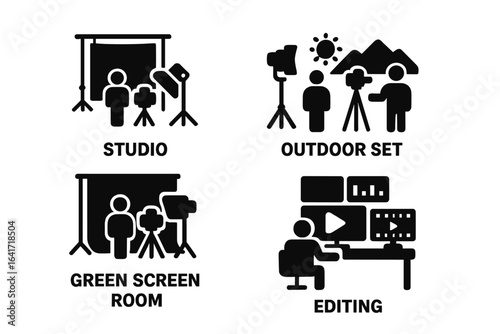 Film Crew Production Locations Vector Icons Set. Studio, Outdoor Set, Green Screen Room, Editing Suite. Solid Filled Pictogram for Video Making, Broadcast, Movie Shooting, TV Program, Cinematography