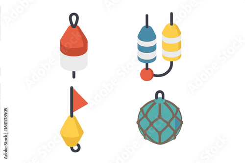 Set of Colorful Fishing Buoys Vector Illustration. Nautical Sea Markers, Lobster Trap Floats, Navigation Buoy Collection, Marine Equipment Isolated Icon Design. Ocean Safety Watercraft Accessories