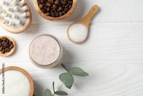 Wallpaper Mural Natural body scrub in glass jar, ingredients and brush on white wooden table, flat lay. Space for text Torontodigital.ca