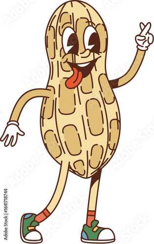 Cartoon groovy peanut nut pod character is smiling, waving hand and showcasing a quirky and happy expression with sticking tongue. Vector cheerful peanut healthy seed personage with y2k retro sneakers