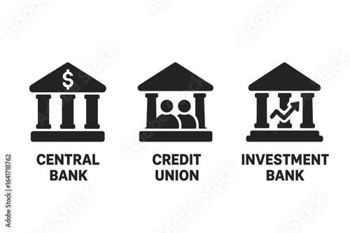 Financial Institution Icons Set, Solid Filled Vector Symbols of Central Bank, Credit Union, Investment Bank, Modern Business and Finance Concept on Transparent Background