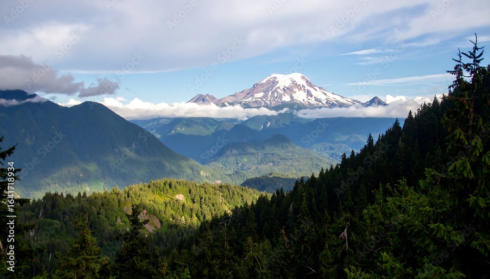 Fototapeta premium Mountain vista, snow-capped peak, lush forests
