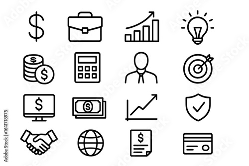 Business finance icons vector set. Editable stroke modern outline symbols. Money, growth, investment, transaction, banking, briefcase, credit card, handshake, globe, target, document, security