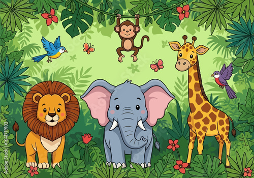 Adorable jungle animals including a lion, elephant, giraffe, monkey, and birds create a vibrant, whimsical scene perfect for children's educational content and playful designs.