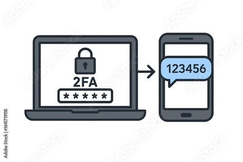Two-factor authentication and password security concept with mobile phone and laptop, vector illustration on transparent background, digital identity protection, cybersecurity verification process