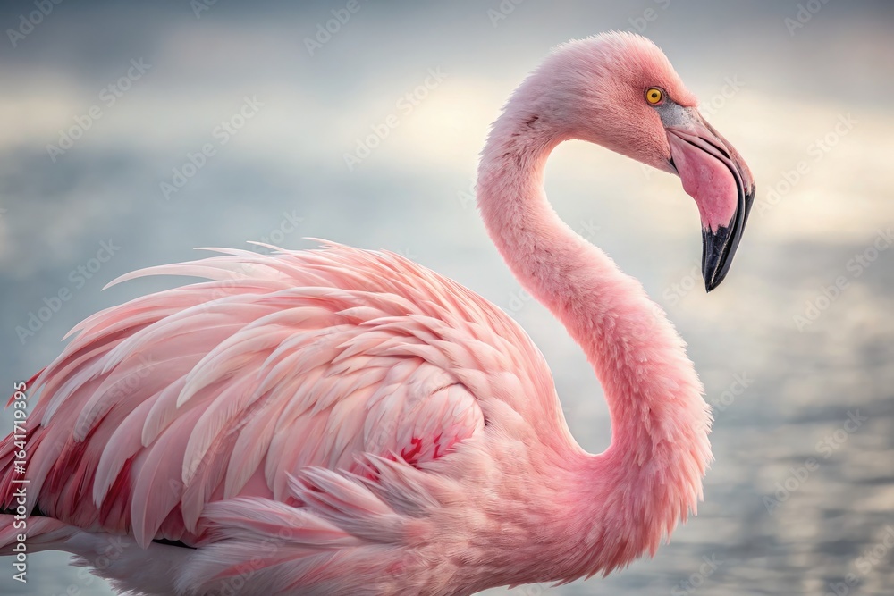 Fototapeta premium Elegant Flamingo Stands Gracefully Near Water at Sunrise