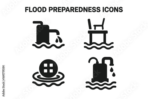 Flood preparedness solid vector icon set. Emergency water pump, raised furniture, floor drain, sump pump, disaster risk reduction, home safety, flooding prevention, house protection illustration.