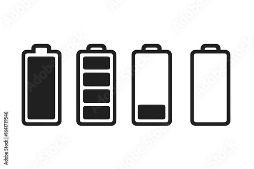 Battery charge level icons set. Smartphone battery indicator vector. Full, medium, low, empty battery status. Power energy symbol. UI app design element. Mobile device battery icon pack.
