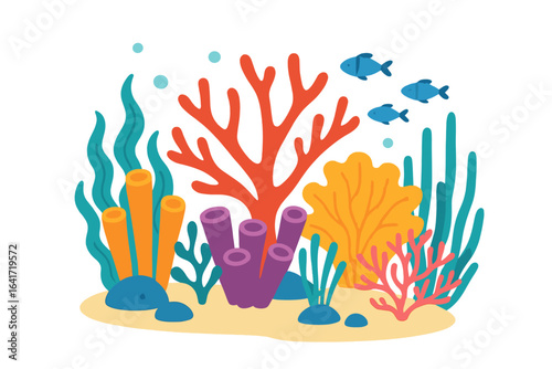 Colorful coral reef ecosystem marine underwater scene with tropical fish, seaweed, vibrant corals, sponges and aquatic plants. Ocean biodiversity illustration, wildlife habitat transparent vector art.