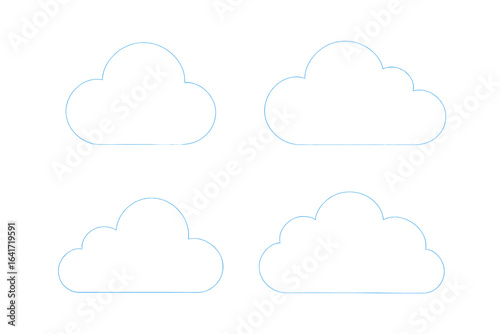 Cloud icon set. Collection of 4 different white cloud shapes with thin blue outline on white background. Weather, sky, forecast, cloud symbol, simple outline vector illustration, graphic template.