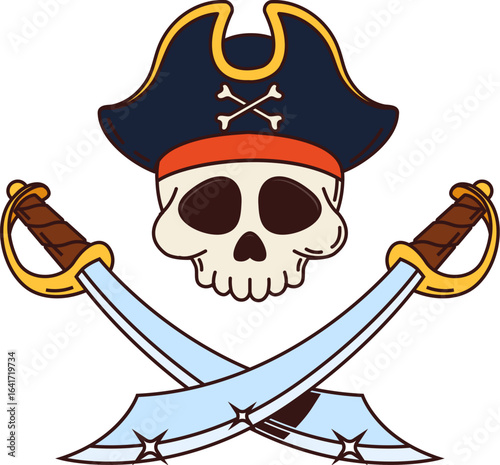 Cartoon groovy skull pirate, corsair, sailor character in cocked hat with crossed sabers. Vector Jolly Roger filibuster or skeleton personage in captain tricorn cap, exuding spooky seafaring y2k vibe