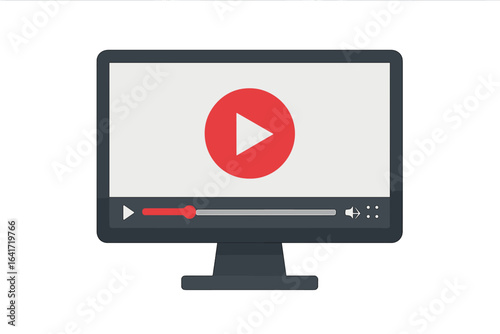Online video streaming interface on computer monitor. Play button icon, web player controls, multimedia UI design, digital entertainment, live broadcast, movie streaming, flat vector illustration.