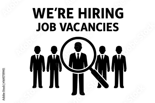 Business hiring and recruiting concept with job vacancies announcement, vacant position with empty office chair, hiring message, and employee search vector illustration