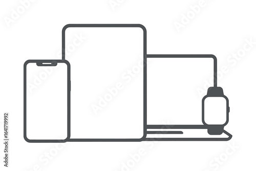 Modern electronic devices mockup vector illustration. Smartphone, tablet, laptop and smartwatch outline icons. Technology gadget set for apps and web design. Digital media device concept background.