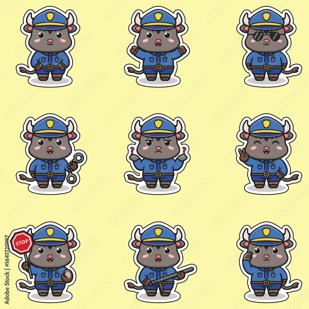 Obraz premium Original vector illustration. Vector illustration cute Buffalo police officer.Vector illustration Cute Buffalo dressed as a police officer. Vector illustration Set of police element. Police animals. 