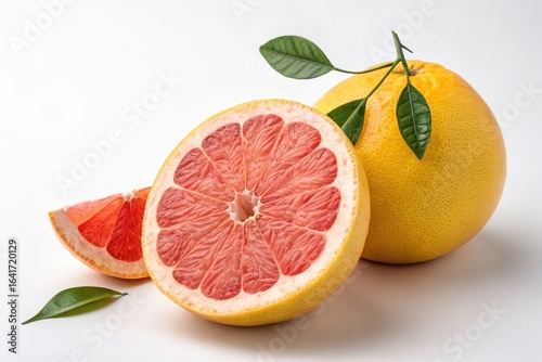 Fresh Grapefruit Cut in Half With Vibrant Pink Flesh and Green Leaves
