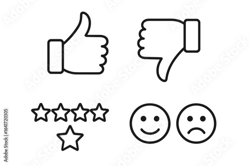 Feedback and Satisfaction Icon Set, Outline Line Art Thumbs Up Thumbs Down Star Rating Smiley and Frowning Faces Vector Illustration Transparent Background