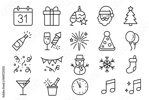 New Year Party Celebration Line Icons Collection. Festive Holiday Elements, Christmas Decorations, Santa, Champagne, Fireworks, Confetti, Balloons, Clock, Drinks, Winter and Christmas Symbols