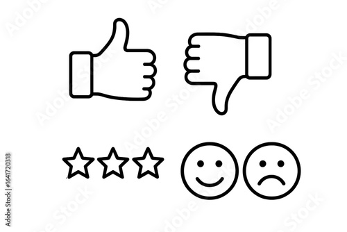Feedback and Satisfaction Icon Set, Outline Vector Collection of Thumbs Up, Thumbs Down, Star Rating, Smiley Face, and Frowning Face Symbols for Customer Review and Rating Concepts