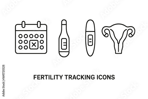 Fertility Tracking Icons Outline Set, Calendar App, Basal Body Thermometer, Ovulation Test, Cervical Health Vector Illustration, Women's Reproductive System Symbols