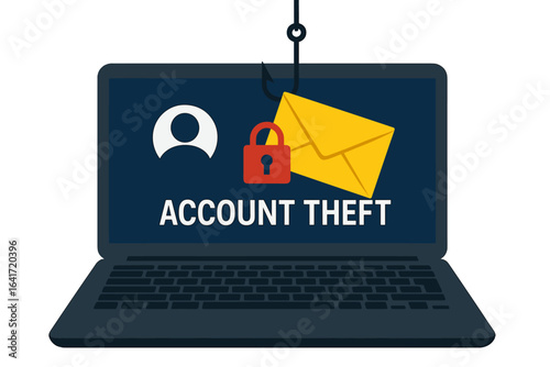 Account theft concept with laptop and email envelope on fishing hook, symbolizing hacking, identity theft, phishing, cybercrime, and data security threat. Vector illustration.