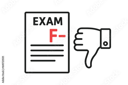 Exam failure grade F minus, poor test result, negative feedback, thumbs down gesture, academic underachievement, education disappointment, bad student performance, vector concept illustration