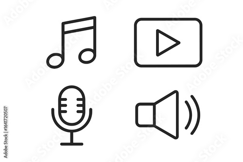 Music, Audio, Video, Podcast, Sound, Microphone, Play Button, Speaker Collection. Modern Line Style Icons Set. Multimedia Elements for Web, Mobile App, Streaming Service. Vector Illustration.